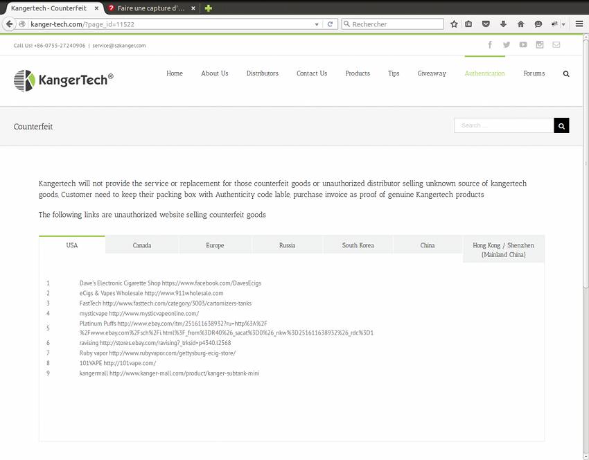 Kangertech : page d'information sur les vendeurs de contrefaçon.