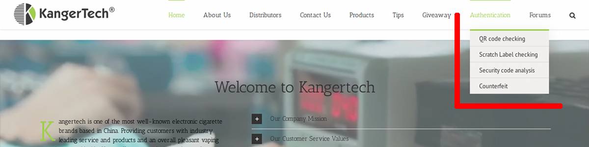 Menu dédié à l'authentification sur le site de Kangertech